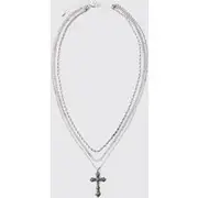 Mens Silver 3 Pack Layered Cross Necklace