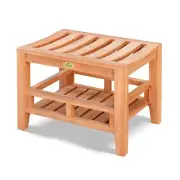 2-Tier Teak Shower Bench Stool with Storage Shelf Shower Bath Seat for Bathroom