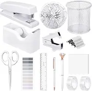 auroray 14 in 1 White Office Supplies, White Desk Accessories for Wome with White Stapler and Tape Dispenser Set, Tape, 1000 Staples, Staple Remover, Scissors, Pen, Pen Holder, Tabs, Ruler, Clips Set