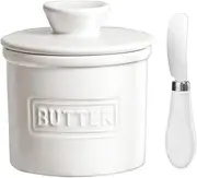 JSHKY Butter Crock with Spreader, Porcelain French Butter Keeper for Countertop, Butter Container for Soft Butter, Gift for Mother’s Day, Thanksgiving Day and Christmas, AU, Color-White.