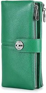 [CONTACTS] Contact's 18 Card Slots Turnlock Wallet Ladies Leather Airtag Holder Womens Zipper Phone Purse RFID Bifold Wallet with Photo Window (Green)