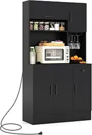 Giantex 167cm Tall Pantry Cabinet w/Hutch & Power Outlets, Kitchen Storage Cabinet with Stemware Rack, Drawer, Adjustable Shelves, Microwave Cabinet for Dining Room (Black)