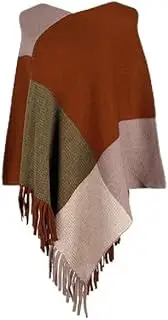 [XENITE] Women Color Block Poncho Cape Asymmetric Tassels Hem Knitted Shawl Scarf Wrap Vintage Fringed Loose Pullover Sweater Top