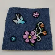 Handmade Square Denim Sew On Patch Dove and Flowers Upcycled 4 x 4