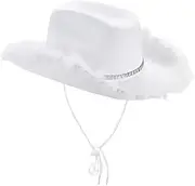 [Generic] Cowgirl Hat With Feather Trim - Sparkly Cowgirl Hat,Bride Festival Fancy Dress Sparkly White Trim Hats Western Hats For Party Costume, Cowboy Themed Birthday