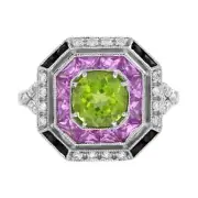 Art Deco Style Lab-Created Diamond Peridot Multi Gemstone Ring 14K White Gold FN