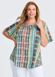 [TS] Taking Shape Tie Front Shirring Natural Top Size 14 in Green Check, Viscose - Plus Size Women's Clothing Green Check