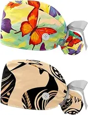 [YTYVAGT] 2-Pc,Nurse Scrub Caps,Scrub Hats with Buttons and Cotton Sweatband,Colorful Butterfly Watercolor Pattern