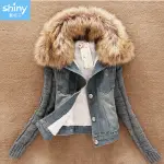 【V3062】SHINY藍格子-簡搭風格．毛領拼接袖牛仔外套