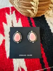 Navajo Queen Pink Conch & Sterling Silver Teardrop Post Earrings