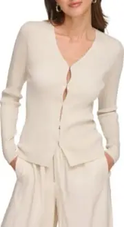 NWT Nordstrom DKNY Rib V-Neck Hook & Eye Cardigan in Light City Khaki M
