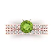 3.0 Round Cut Pave Natural Peridot Promise Bridal Ring Band set 14k Rose Gold
