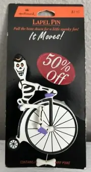 Hallmark Lapel PIN Halloween Vintage SKELETON on BIKE Pull String Movement