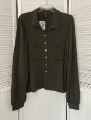 White House Black Market Top Women XL Army Green Button Front NWT Military