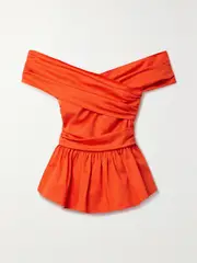 [Altuzarra] Altuzarra - Pella Off-the-shoulder Cotton-blend Poplin Peplum Top - Orange - FR 34 FR 34 Orange