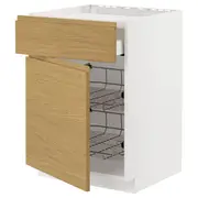 METOD / MAXIMERA base cab f hob/drawer/2 wire bskts, white/Voxtorp oak effect, 60x60x80 cm