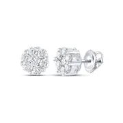 14k White Gold Round Diamond Flower Cluster Stud Earrings 1 Cttw
