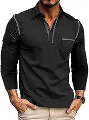 [Envmb] Men's Long Sleeve Polo Shirts Cotton Casual Button T Shirt with Pocket Classic Work Collared Basic Golf Shirts