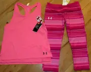 Under Armour pink tank top & striped cropped capris leggings NWT girl XL YXL