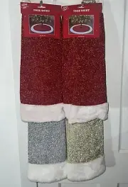 (4) Christmas Tree Skirts Sparkly Tinsel W/ Faux Fir Trim Red Gold Silver 38”