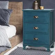 Artiss Bedside Table Vintage Blue Bed Side Tables Storage Small Narrow Desk Chest of Drawers, with 3 Drawer, Bedroom Living Room Home Furniture Tallboy Lamp Nightstand Cabinet in 62cm Height