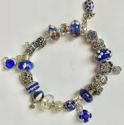 ❤️ Authentic PANDORA Silver BRACELET w/ Navy European Charm Beads Pandora Box❤️