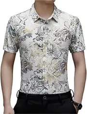 [Generic] Men's Luxury Shiny Printed Slim Fit Short Sleeve Button Up Dress Shirt