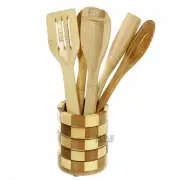Utensil Set 6 Piece with Bamboo Checkered Cylinder Holder 100% Natural...