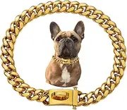 18K Gold Dog Collar Choker Necklace with Stainless Steel Buckle,Strong 304 Stainless Steel Metal Cuban Link Chain Dog Training Choke Collar for Small Medium Large Dogs (14inch, Gold)