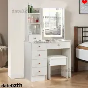 Dressing Table Stool Set Makeup LED Lighted Mirror Storage Desk for Bedroom