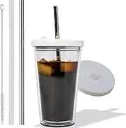 Reusable Iced Coffee Cup (16 Oz/Grande), Leak Proof and Double Wall Insulated Iced Coffee Tumbler, Come with Reusable Plastic and Metal Straws and Straw Cleaner