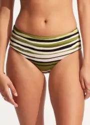 NWT Seafolly Sun Stripe Wide Side Retro Pant Bikini Sz 12 Avocado Green Lined