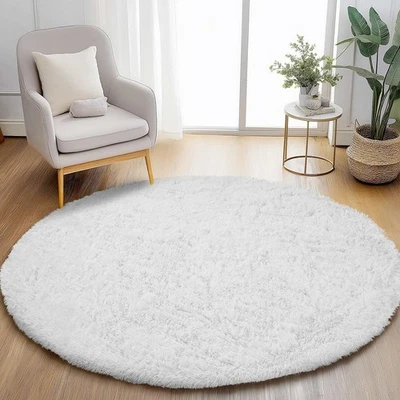White Round Rug for Bedroom, 4x4 Fluffy Circle Area Rugs for Kids Room, Soft ...