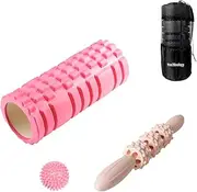 4-in-1 Foam Roller Kit for Deep Tissue Massage, 33cm Muscle Roller Stick and Massage Ball for Physical Therapy Pain Relief Myofascial Release Balance Exercise (Pink)
