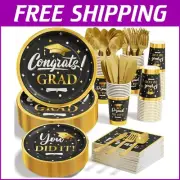 Elegant Black & Gold Graduation Party Supplies - 350 PCS Dinnerware Set for 50