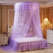 Luxury Lace Bed Large Mosquito Netting Curtains, Round Hoop Bed Canopy with Butterfly Bed Curtains Princess Bed Canopy Prevent Entry of Bugs-Purple