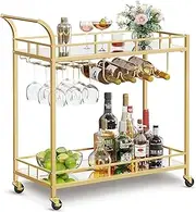 VASAGLE Bar Cart Gold, Home Bar Serving Cart, Wine Cart with 2 Mirrored Shelves, Wine Holders, Glass Holders, for Kitchen, Dining Room, Gold ULRC090A03