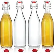 STR 32 oz Clear Glass Bottles with Airtight Silicone Stopper – Set of 4 Reusable Bottles for Kombucha, Beer, Kefir, Fermentation, Home Brewing, Swing Top Leak-Proof Design