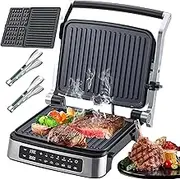 3-in-1 Electric Steak Grill Maker, 2000W Sandwich Maker with Digital Control Panel,Detachable Drip Tray, 180°flip, Temperature Control and Timer, Waffle Panini Press Suitable for Food Roasting