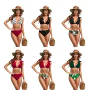 2Pieces Ruffle Trim V-Neck-Bikini Swimsuit Top Women Sexy High Waisted Backless