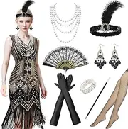 [Antsparty] 1920s Flapper Dresses for Women, 9PCS Fringed Sequin Dress with 20s Accessories, Vintage 20s Costumes for Women Ladies