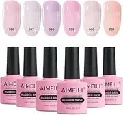 AIMEILI Rubber Base Gel For Nails, Soak Off U V LED Hema Free Clear Sheer Gel Nail Polish, 4 in 1 Nail Strengthen/Enhance/Base Coat/Color Gel Polish Set Of 6pcs X 10ml - Kit 55