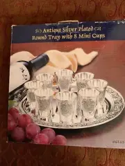 Studio Silversmiths metal round tray with 8 mini cups vine Silver plated