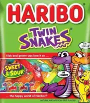 Haribo of America Twin Snakes Gummi Candy Sweet & Sour Flavors 5 Ounce (4-Bags)