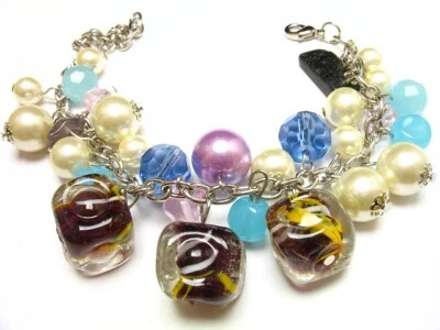 PURPLE FANCY DICE MURANO GLASS FAUX PEARLS CHARM BRACELET BR_SAS 13285