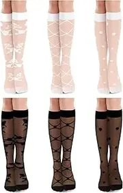 [BOARDFEB] 6 Pairs Women's Lace Socks Women's Fishnet Knee High Sock Mesh Lace Loose High Sheer Sock for Women, Black and White, One Size