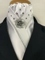 HHD White Satin Stock Tie ‘Black Diamond’ with Piping & Swarovski Elements