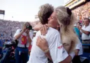 Stefan Edberg of Sweden hugging girlfriend Annette Olsen in celebr- Old Photo