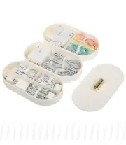 Off-White Stackable Cord Organizer Case Office Supply Storage Box w Lid and Ties