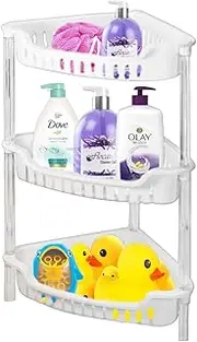 ADEPTNA Strong White Plastic Shower Caddy Corner Shelf Bathroom Rack Kitchen Storage Unit - Quick to Build - Easy to Clean (3 TIER BATH RACK)